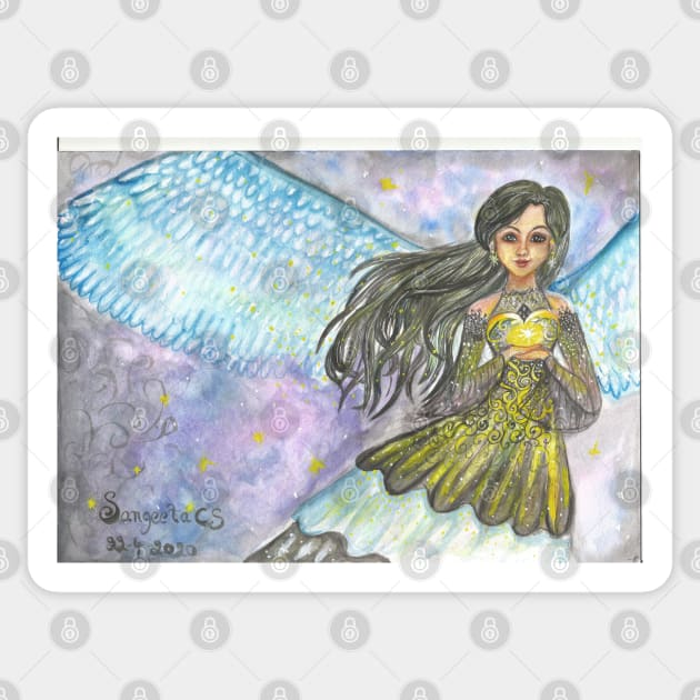 Fairy of stars - A magical fairy with feathers illustration  inspired by the night sky Sticker by Sangeetacs